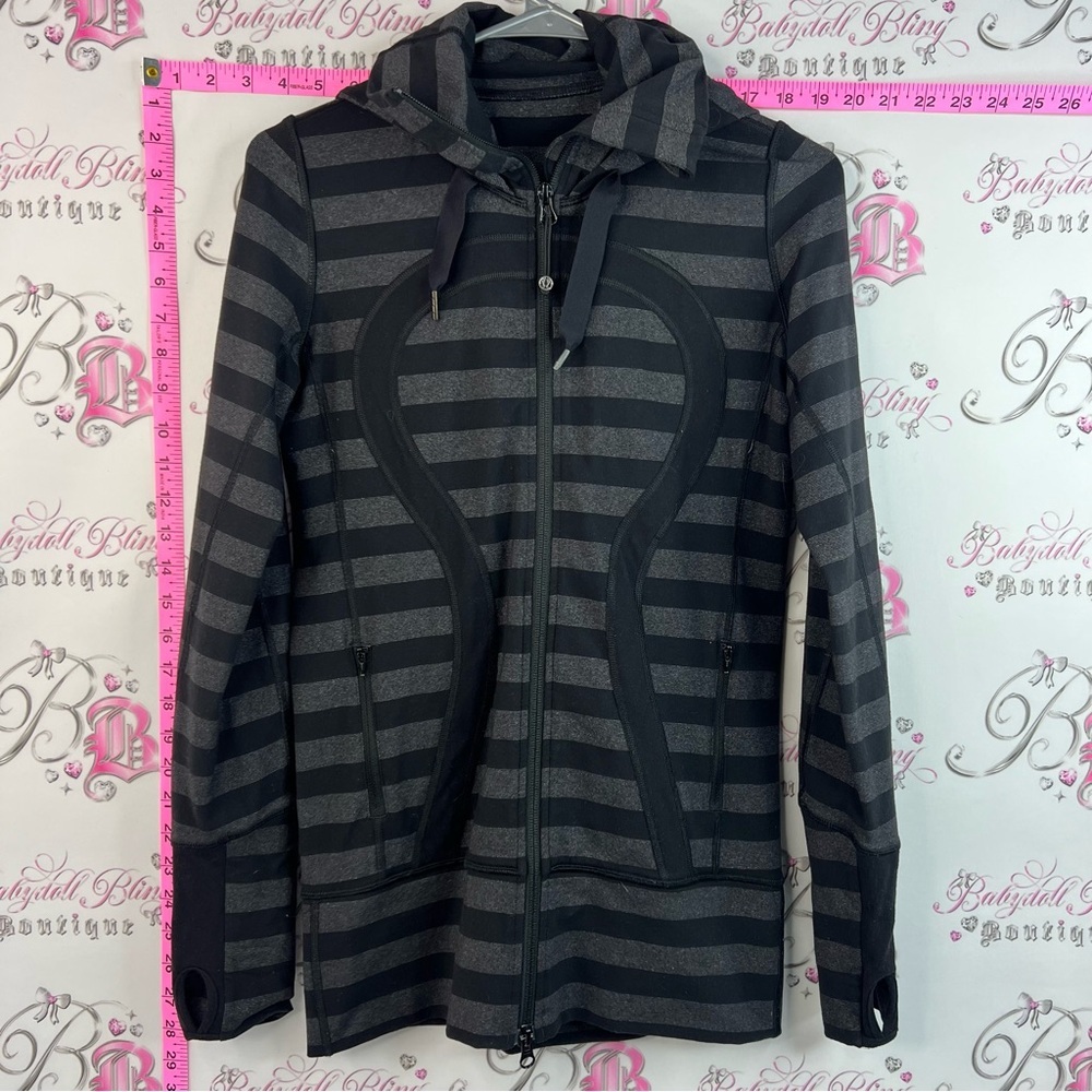Lululemon Athletica Vintage Striped Zip-Up Hooded Jacket in Charcoal and Black